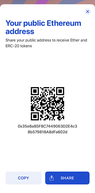 MyEtherWallet ether és ERC20-as tokenek fogadására alkalmas cím lelőhelye a mobil applikációban.